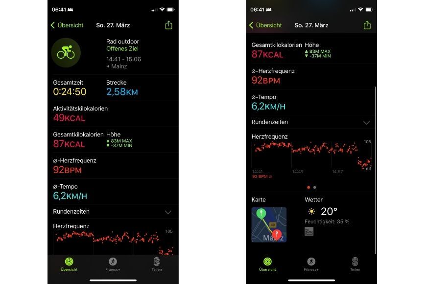 Вы можете просмотреть записанные данные тренировки в приложении “Фитнес”. 